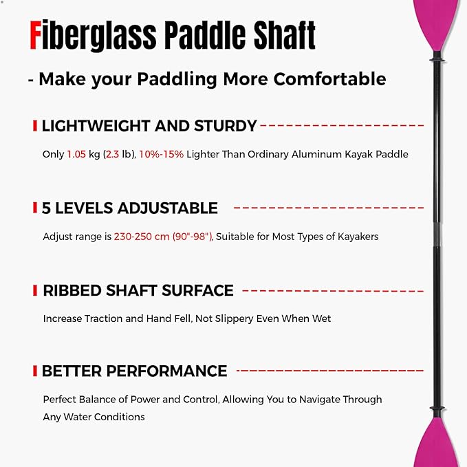 Kayak Paddle with Fiberglass Shaft and Reinforced Nylon Blade, Adjustable Kayaking Oars, 3 Piece, 230-250 cm/90-98 inches, 210-230 cm/82-90 inches