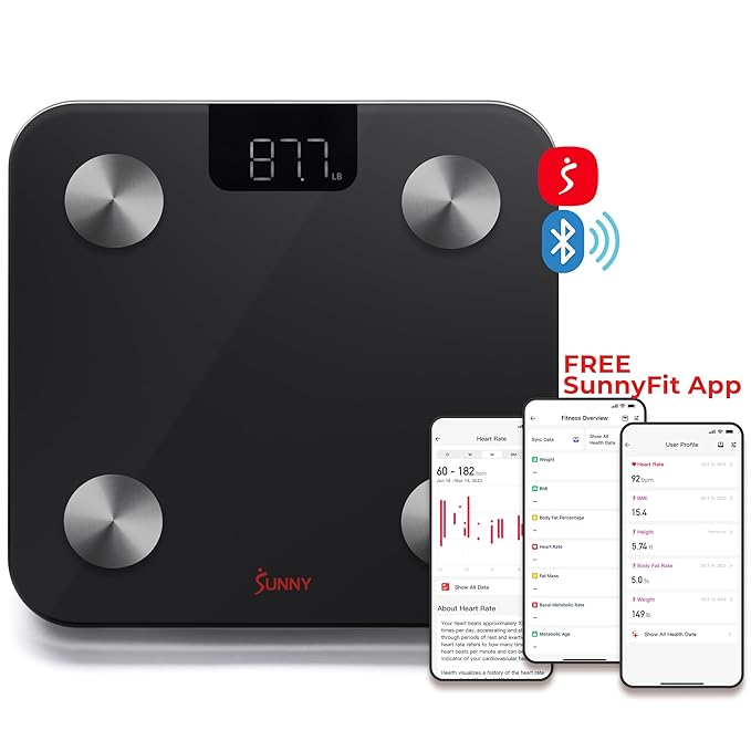 Sunny Health & Fitness 20 Metric Advanced Body Fat Composition BMI Scale with Health Tracker & Analyzer App - Smart Bathroom Scale for Body Weight, Metabolic Age, BMR, Fat Mass and More – SF-WS022063