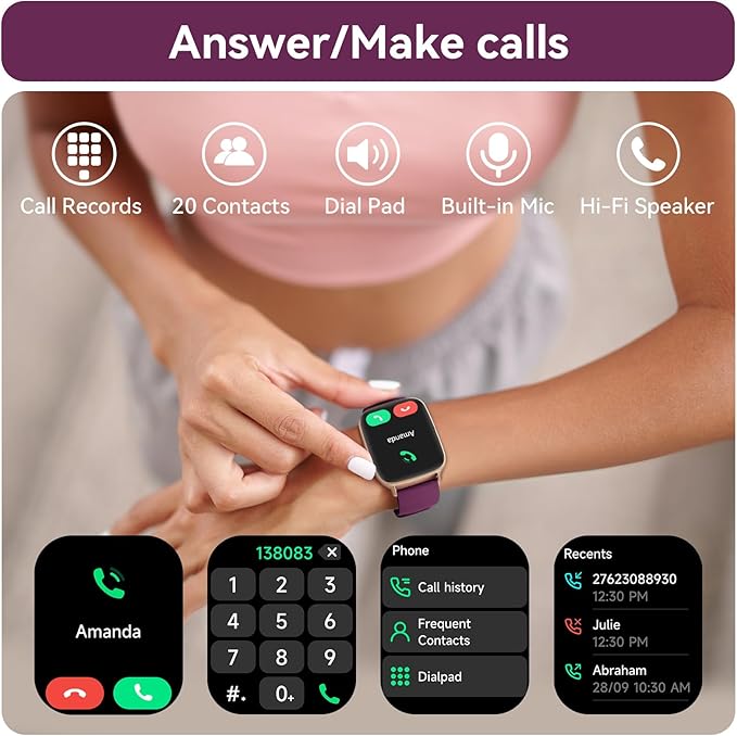 Tensky Smart Watch for Women Android & iPhone, 1.85" Touch Screen Fitness Tracker with Answer/Make Call, IP68 Waterproof 24/7 Sleep/Health Monitor, Pedometer, 100+ Sport Modes (2 Bands)