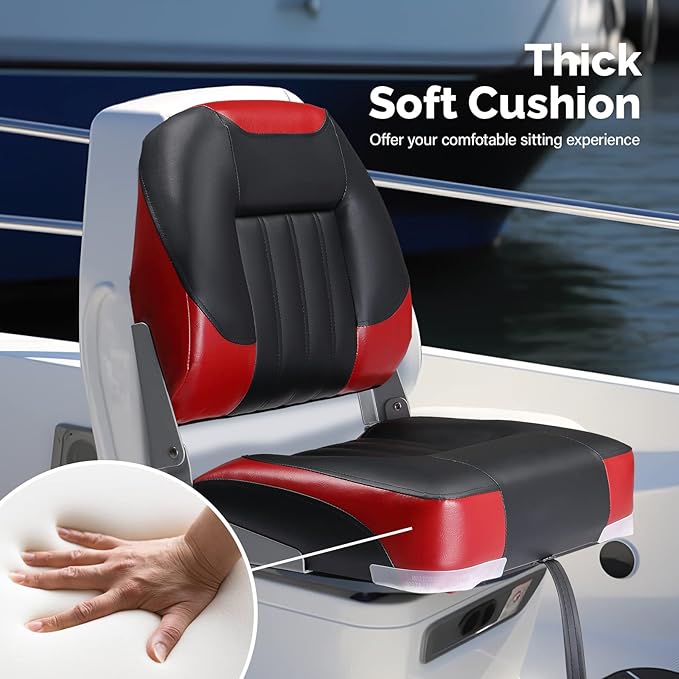 PEXMOR Boat Seats Low/High Back, Folding Boat Seat Included, Fold-Down Fishing Boat Seats Waterproof Captain Boat Seat w/Aluminum Hinges & Thick Soft Cushion, 2 Packs (Low Back-Red & Black)