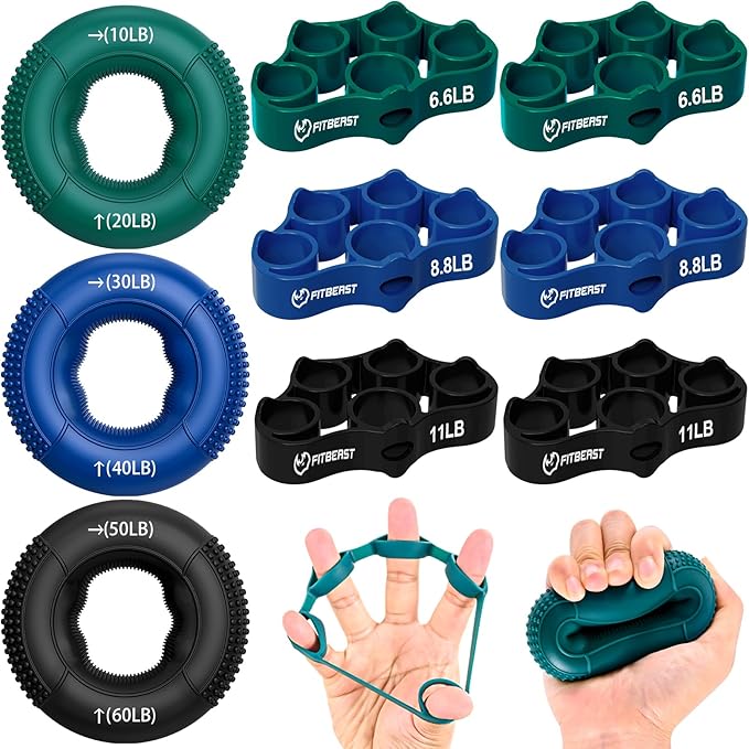 FitBeast Grip Strength Trainer, Finger Exerciser, Forearm Strengthener 9-Piece Kit, Hand Grip Strengthener Targeted Strength, Relief & Recovery