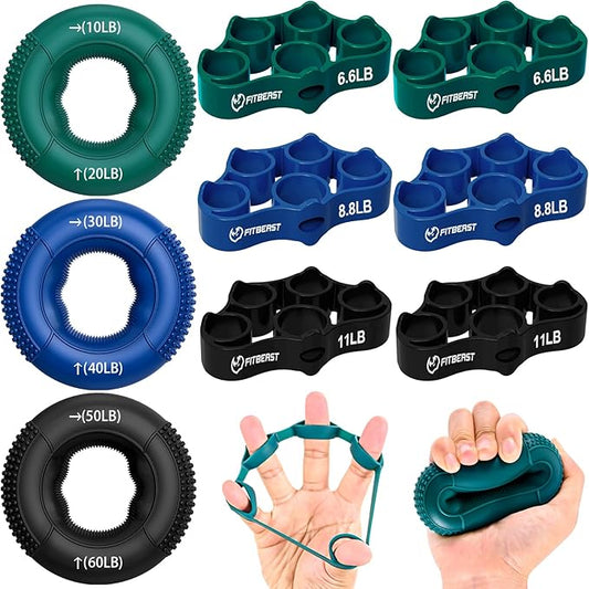 FitBeast Grip Strength Trainer, Finger Exerciser, Forearm Strengthener 9-Piece Kit, Hand Grip Strengthener Targeted Strength, Relief & Recovery