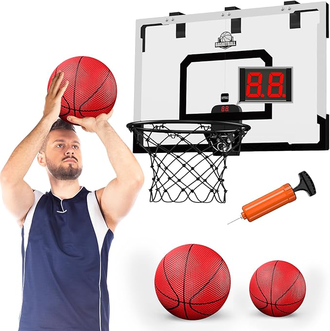 24" x 16" Large Basketball Hoop Indoor for Adults, Over The Door Basketball Hoop with Sturdy Backboard/Electronic Scoreboard, Basketball Toys Gifts Ideas for Man Kids Teens Boys Girls, Black