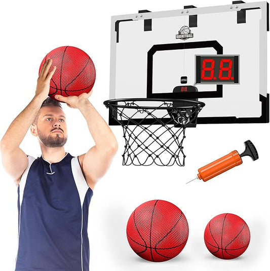 24" x 16" Large Basketball Hoop Indoor for Adults, Over The Door Basketball Hoop with Sturdy Backboard/Electronic Scoreboard, Basketball Toys Gifts Ideas for Man Kids Teens Boys Girls, Black