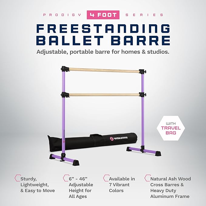 VITA Barre Portable Freestanding Double Ballet Barre, Prodigy, with Carry Bag | Adjustable Height, USA Made, Home or Gym Exercise Equipment for Kids & Adults | Dance, Fitness, Pilates