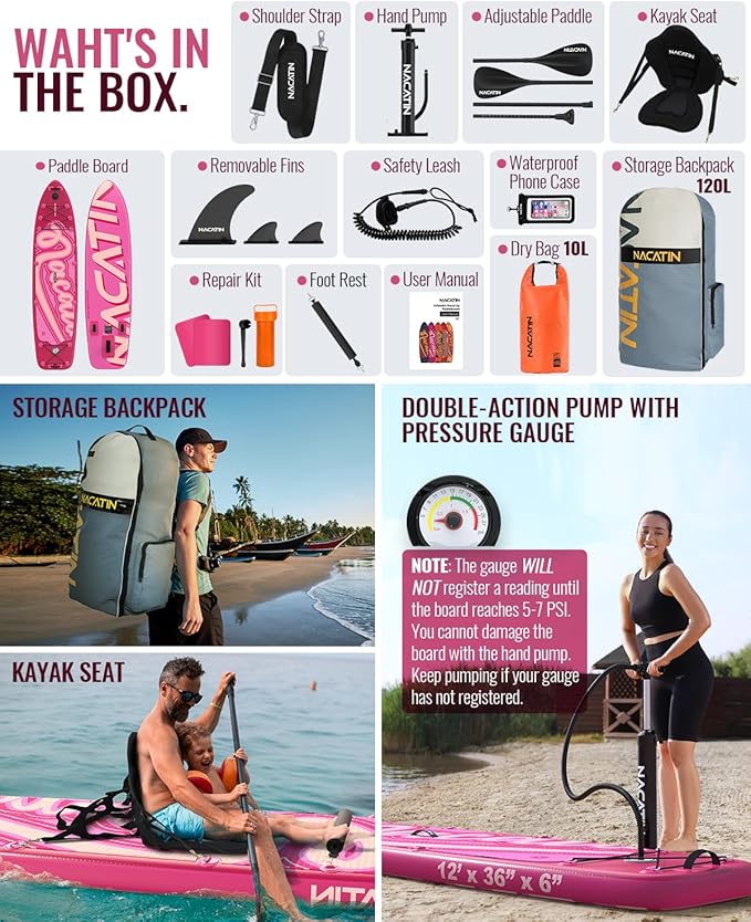 Inflatable Stand Up Paddle Board 12' with Kayak Seat & Dual Paddles – Premium SUP Board for Adults & Families Includes Kayak Conversion Kit, Pump, Leash & Accessories – Stable Wide Deck for Beginners