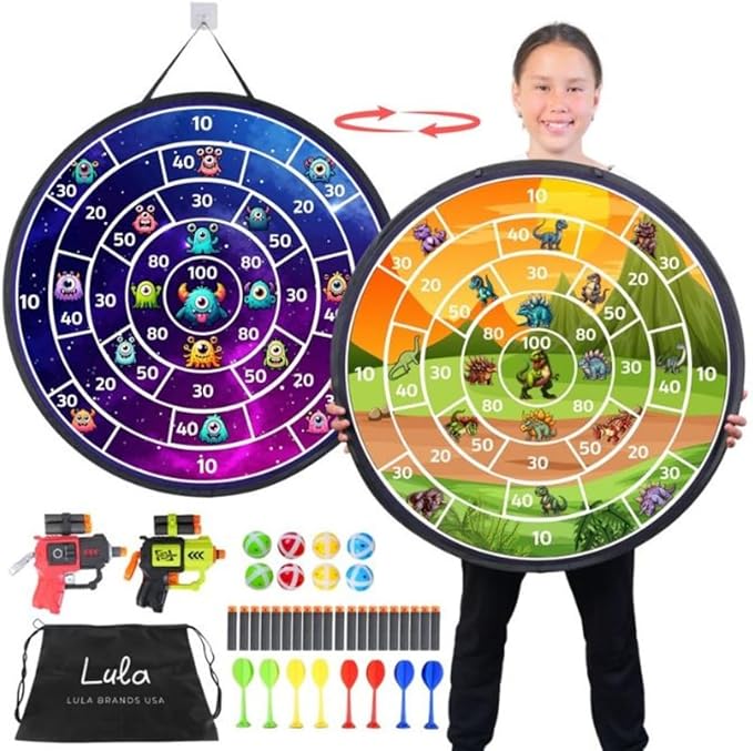 Lula Brands Dart Board for Kids w/Backpack, Shoot Sticky Darts, Balls & Darts, Large 29” Double Sided Indoor Outdoor Sport Party Game, 4 Children Boys Girls 5 6 7 8 9 10 11 12 13