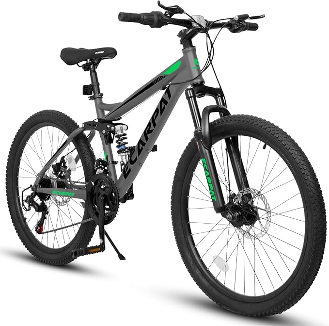 Ecarpat 24/26/27.5 Inch Mountain Bike, Dual/Front Suspension Mens Mountain Bike with 21 Speeds High-Carbon Steel Frame and Disc/V Brakes, Adult Sport Bicycle for Trail Snow Commuter City Road