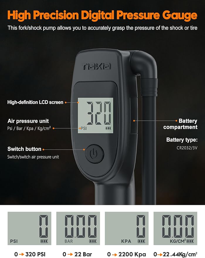 Tiakia High Pressure Shock Pump with Digital Pressure Gauge for Air Front Fork & Rear Suspension, Portable Bike Pump Aluminum Bicycle Tire Inflator Frame Pump Fit Schrader/Presta DH Bike