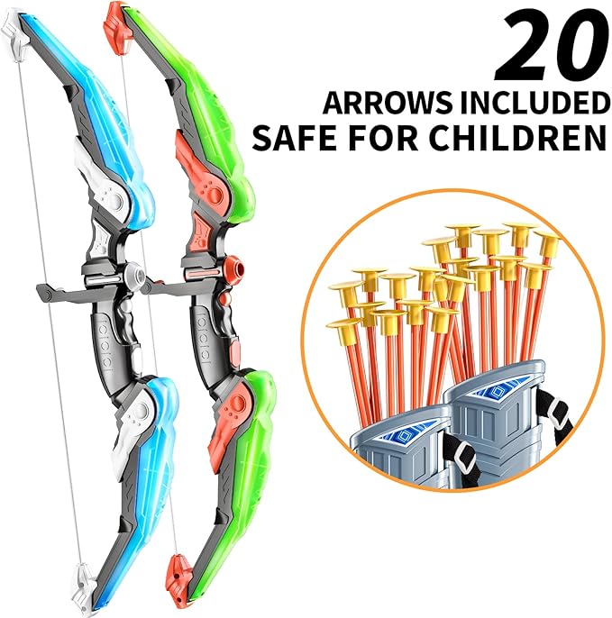2 Pack Set Bow and Arrow Archery Toy for Kids, LED Light Up with 20 Suction Cup Arrows Target & Quiver, Outdoor Toys Kids Boys Girls Ages 3-12 Years Old