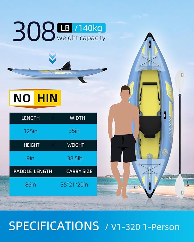 OCEANBROAD Inflatable Sit-in Kayak, 1 Person/2 Person Blow Up Kayak for Adults with Paddle, Kayak Seat, Pedal, Hand Pump and Bag, Blue/Sky Blue