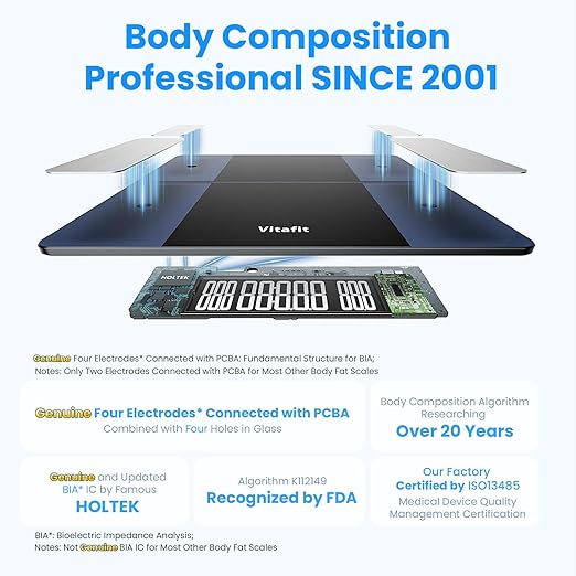 Vitafit 550lb Smart Bathroom Scale for Body Weight, High Precision in 0.1lb Assured by Weight Scale Professional Factory Since 2001, App Sync 13 Body Composition with BMI and Body Fat, Black