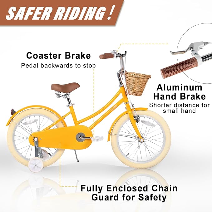 Glerc Little Molly 12-20 Inch Kids Retro Cruiser Bike for 2-13 Year Old with Wicker Basket & Training Wheels/Kickstand, Multiple Colors