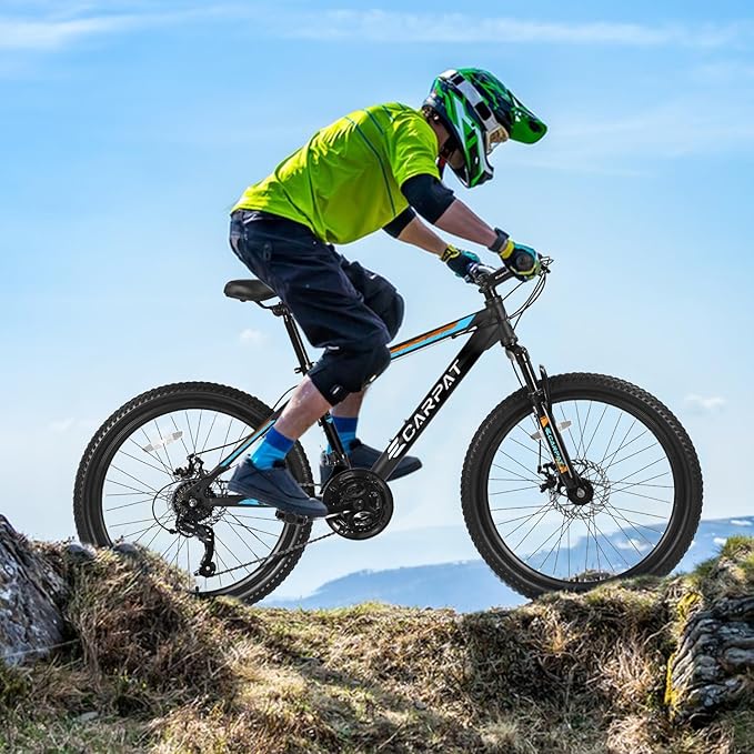 24/26 Inch Mountain Bike, 21 Speed Mountain Bicycle with High Carbon Steel Frame, Dual Disc Brakes and Front Suspension, MTB Bike for Adult Teenagers Boys Girls