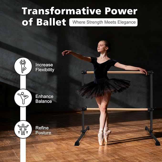 4FT/6FT Freestanding Ballet Barre Wood/Steel Height Adjustable from 7 to 46 inch Ballet Bar Portable Double Dance Bar for Home Workout and Stretch