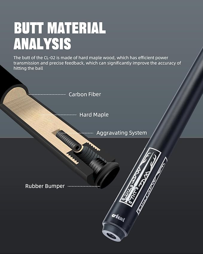 CRICAL Carbon Fiber Pool Cue Stick 58" Billiard Cue Sticks Professional Low Deflection Pool Sticks with 3/8 * 8 Pin Joint and 12.5mm Tip