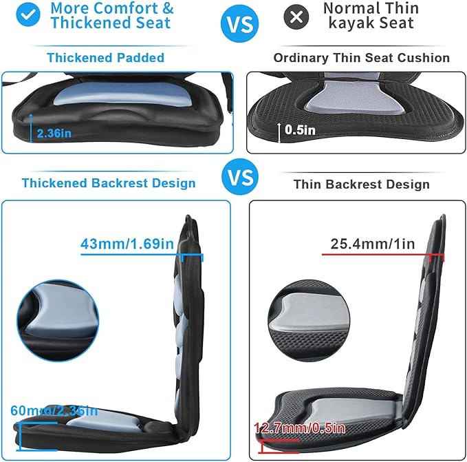 Kayak Seat Deluxe Padded Fishing Boat Seat Deluxe Sit-On-Top Canoe Seat Cushioned - Comfortable Backrest Support Universal Sit with Adjustable Back Strap Detachable Storage Bag