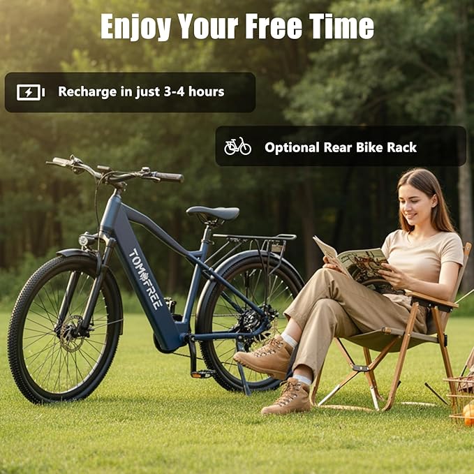 Tomofree Electric Bike for Adults, 21-Speed Mountain Ebike, Peak 1200W 24MPH Brushless Motor, Up to 30 Miles 37V Battery, 26X2.1 Tires Step-Over Electric Bycicle for Commute
