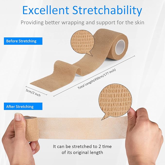 24Pack Self Adherent Cohesive Wrap Bandages Non Woven Cohesive Bandage Elastic Self Adhesive Bandage Wrap Sport Athletic Tape First Aid Tape for Wrist Ankle Pet Vet Wrap Grip Cover 2 inch (Skin Color)