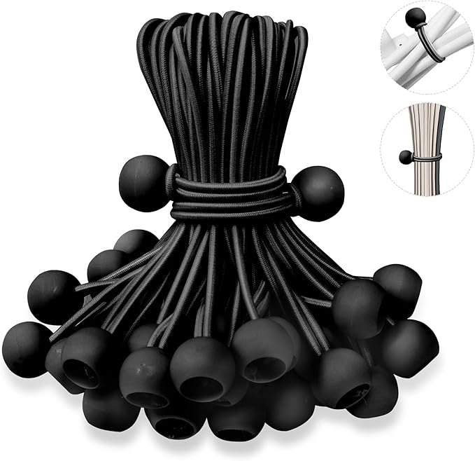 6 Inch Ball Bungee Cords, Heavy Duty UV Resistant Elastic Strap, Reusable Tie Down Cord with Balls, Indoor Outdoor Cords for Golf Net, Soccer Goals, Camping, Tent Poles, Hose (Black, 50 Pack)