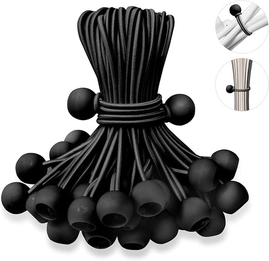 6 Inch Ball Bungee Cords, Heavy Duty UV Resistant Elastic Strap, Reusable Tie Down Cord with Balls, Indoor Outdoor Cords for Golf Net, Soccer Goals, Camping, Tent Poles, Hose (Black, 50 Pack)