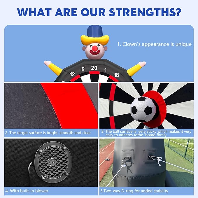 13FT Giant Inflatable Soccer Dart Board with Built-in Blower - Clown Themed Sport Kick Dartboard Perfect for Adults Family Parties,Carnival, Includes 8 Golf Balls, 2 Telescoping Club, 2 Soccer Balls
