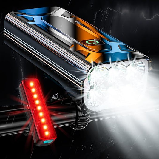 Upgrade Super Bright 6 LED Bike Light for Night Riding,3800 Lumens Aluminum Rechargeable Bicycle Light, 6000 mAh ，Runtime 48+hrs,10 Modes Waterproof Safety Bike Headlight Taillight for Outdoor Cycling
