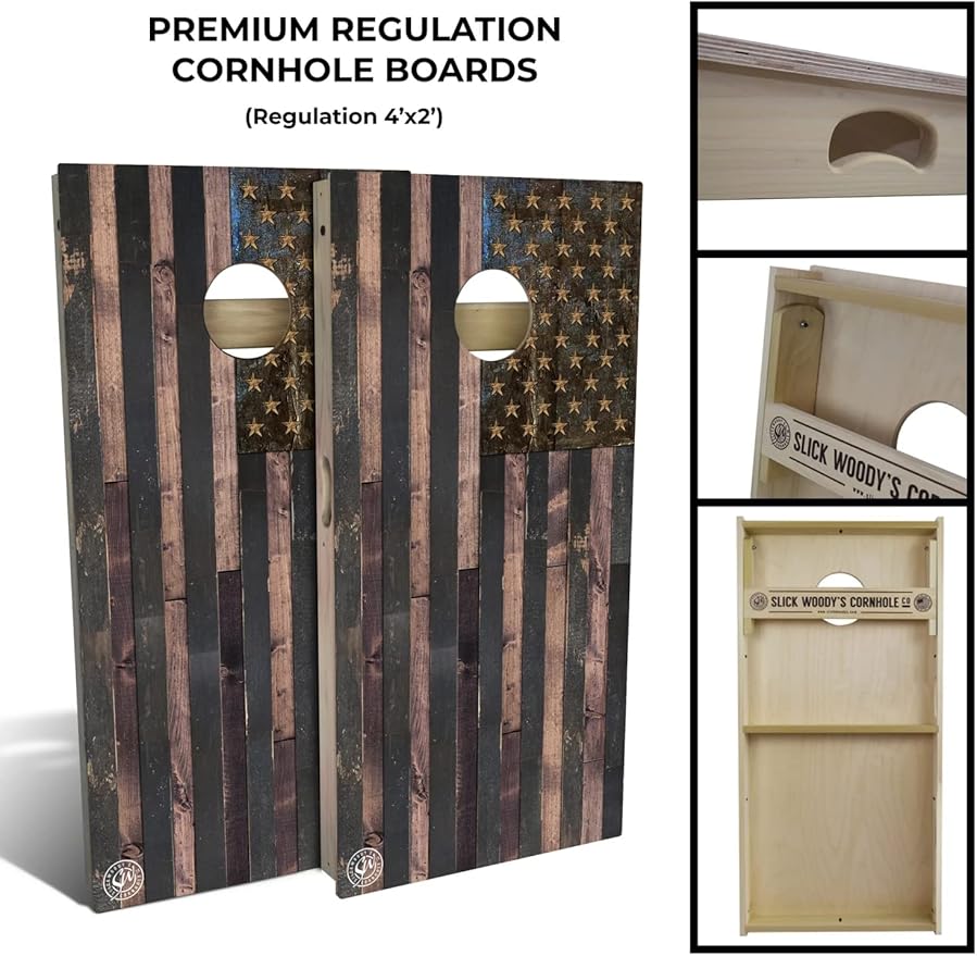 Slick Woody's Professional-Grade Cornhole Boards - 4'x2' Solid Wood Regulation Woodgrain Flag Bean Bag Toss Game with 8 Resin Filled Bags