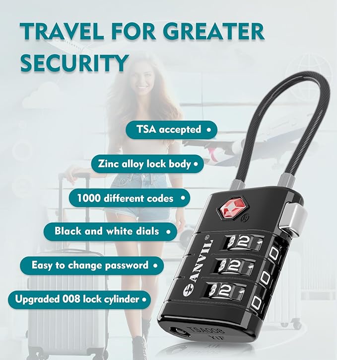 ANVIL TSA Approved Luggage Locks – High Security TSA008 Combination Travel Locks with Inspection Indicator for Suitcases and Backpacks. (2, Black)