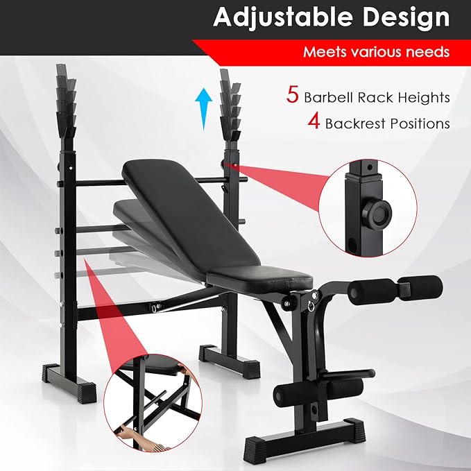 Goplus Adjustable Olympic Weight Bench Barbell Rack Set, Foldable Workout Bench Press Set with Leg Developer, Squat Rack, Home Gym Flat Incline Decline Weight Lifting Strength Training