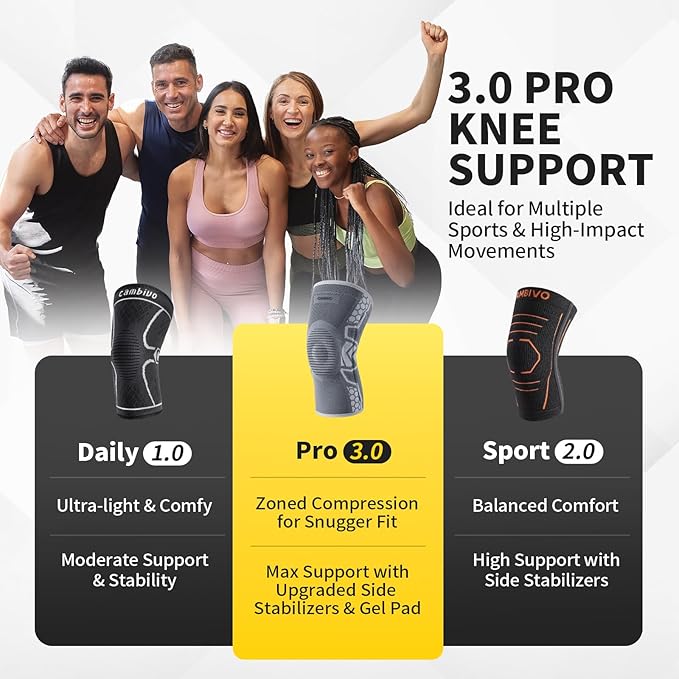 CAMBIVO 2 Pack Knee Brace for Men and Women, Knee Sleeves for Men with Patella Gel Pad and Side Stabilizers, Knee Compression Sleeves for Knee Pain Relief, Running, Workout, Daily Use