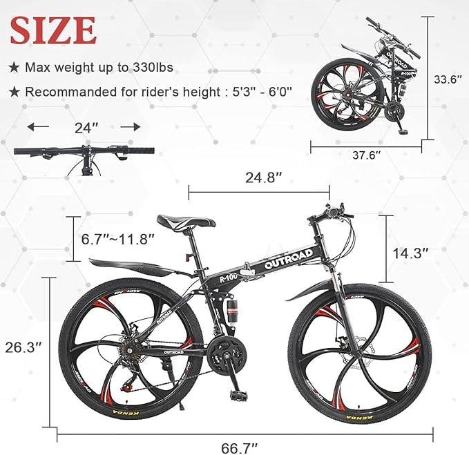 26 ich Folding Mountain Bike, 21 Speed High Carbon Steel Mountain Bike for Adults with 26 Inches Durable Tires, Front Suspension Folding Bicycle for Women and Man
