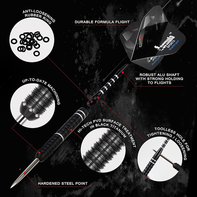 Formula Sports 90% Tungsten Darts Metal Tip Set 21g/22g/23g/24g, Professional Steel Tip Darts Set with Aluminum Shafts, Tungsten Barrels, Extra Flights, Dart Sharpener, Gift Box