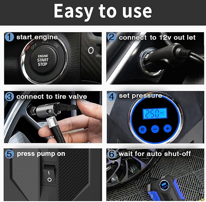 Digital Air Compressor for Car Auto Pump Portable Tire Inflator with LED Light DC 12V, Blue