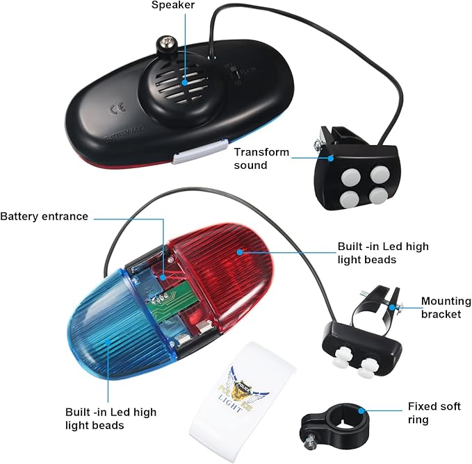 2 Pieces Bike Police Sound Lights LED Sounds Trumpet Bike Horn Police Siren Warning Safety Bicycle LED Light Waterproof