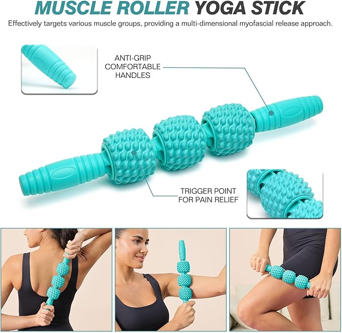 5 in 1 Foam Roller Set - Trigger Point Foam Back Roller, Muscle Roller Stick, Massage Ball, Stretching Band for Deep Muscle Massage Pilates Yoga,Fitness Exercise for Whole Body Release