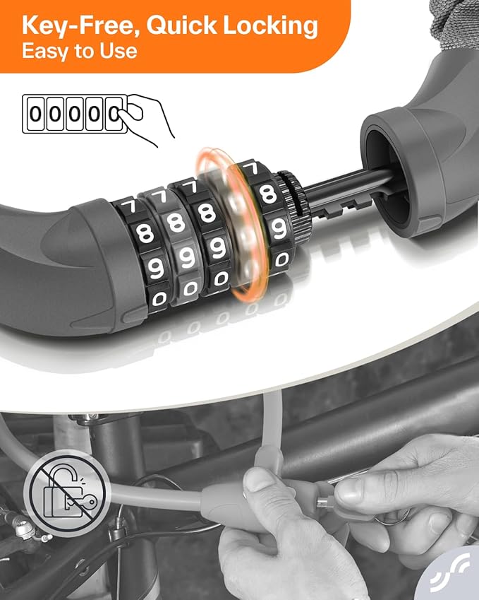 Sportneer Bike Lock: 5 Digit Combination High Security Anti Theft Bike Chain Lock - 3.2/3.6/4ft Heavy Duty Keyless Bicycle Lock for Bike, Motorcycle, Scooter, Door & Gate - 4/6mm Thick, Easy to Use