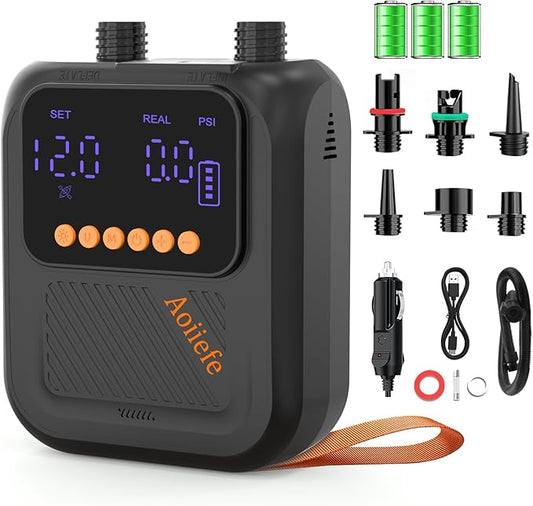 Portable Rechargeable Electric SUP Paddle Board Pump, Intelligent Dual Stage Inflation&Deflation, Up to 20PSI and Auto-Off for Stand UP Paddle Boards, Kayaks, Tents