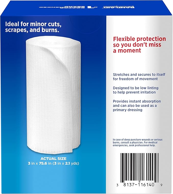 Band-Aid Brand of First Aid Products Flexible Rolled Gauze Dressing for Minor Wound Care, Soft Padding and Instant Absorption, 3 Inches by 2.1 Yards, Value Pack 5 ct