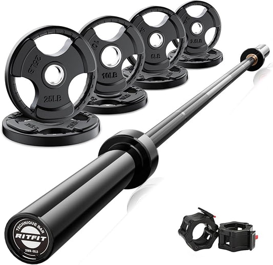 RitFit Barbell Weight Set - 4/6FT Olympic Barbell with Weight Plates (55-275LB Total) - Weightlifting Equipment for Squats, Curls, Deadlifts, Presses, Hip Thrusts