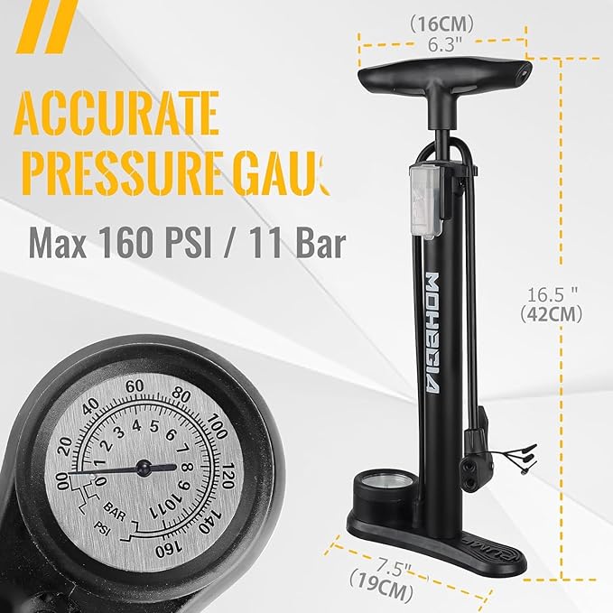 MOHEGIA Bike Floor Pump with Gauge: Air Bicycle Pump with High Pressure 160 PSI,Fits Schrader and Presta Valve -Inflator with Ball Pump Needles for MTB Road Bike, Ball, Balloon, Inflatables