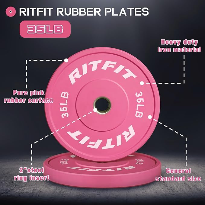 RITFIT Pink Weight Plates, 2 Inch Olympic Barbell Weight Plate, Bumper Plates With Steel Insert, Pink Weights for Gym and Home