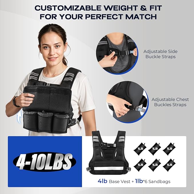 Adjustable Weighted Vest, 4-10lb/11-20lb Body Weight Vest with Touchscreen Phone Holder & 6 Ironsand Weights for Women & Men, Workout Equipment for Weight Loss, Fitness, Walking, Running, Cardio, Strength Training