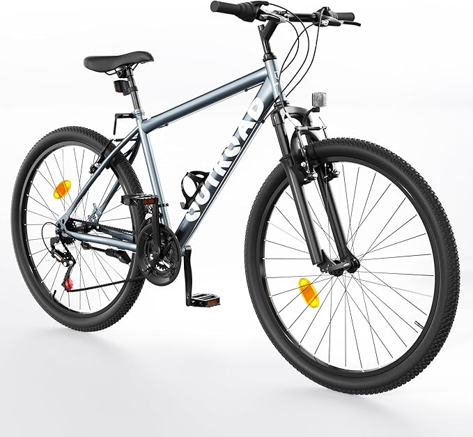 26" Mountain Bike - 1/7-Speed Lightweight High-Carbon Steel Frame, V Brakes & Front Suspension - Adjustable Ergonomic Seat for Men & Women(Quick Assembly, Multiple Colors)