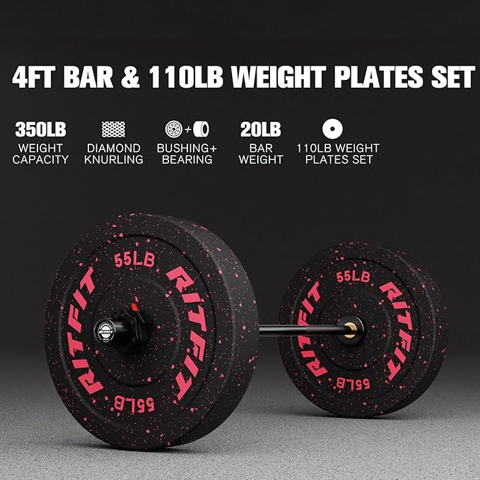 RitFit Barbell Weight Set - 4/6FT Olympic Barbell with Weight Plates (55-275LB Total) - Weightlifting Equipment for Squats, Curls, Deadlifts, Presses, Hip Thrusts