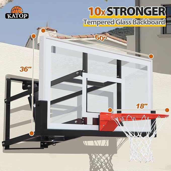 Katop Wall Mount Basketball Hoop with 60"x36", 72"x42" Tempered Glass Backboard, Effortlessly Height Adjustable from 7.5' to 10', Pre Installed Pads and Heavy Duty Basketball Rim and Net