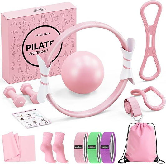 Pilates Ring Set for Women, Home Workout Pilates Equipment with Resistance Bands, 14'' Magic Circle, Mini Ball, Pilates Starter Kit for Strength, Toning and Flexibility, Workout Guide Included