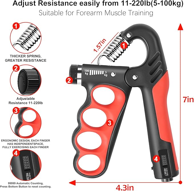 Keria Adjustable Hand Grip Strengthener(11-220Lbs), Grip Strength Trainer with Auto-Click Digital Counter, Ergonomic Forearm Trainer for Athletes, Musicians, Physical Therapy