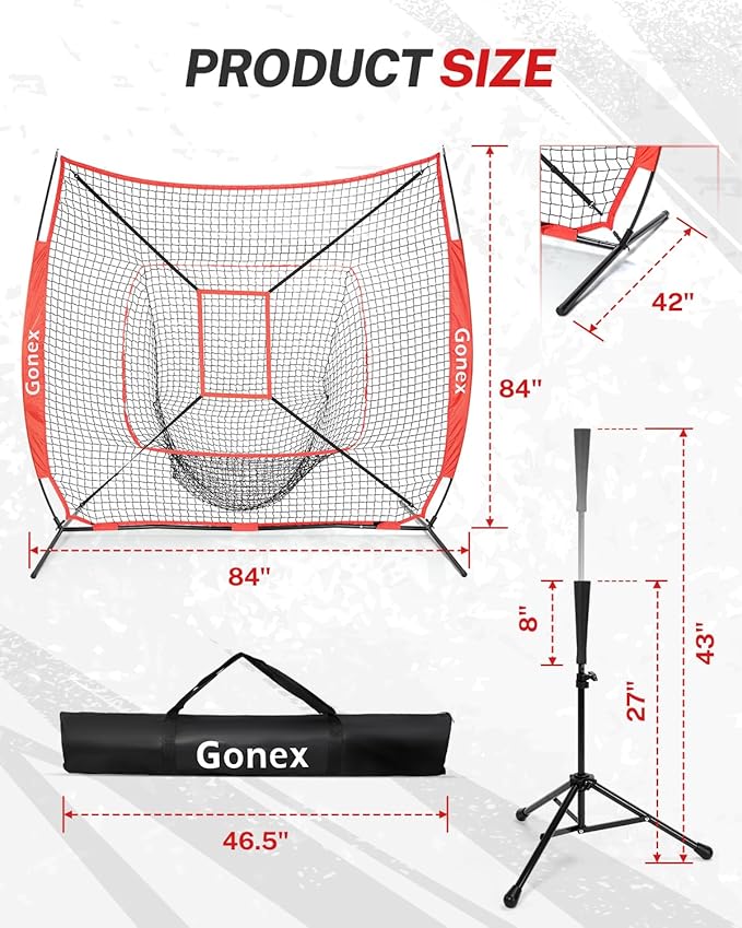 Gonex 7' x 7' Baseball Softball Practice Net Set with Batting Tee for Hitting and Pitching Batting, Practice Training Aid, with Strike Zone, Large Mouth, Bow Frame, Carrying Bag