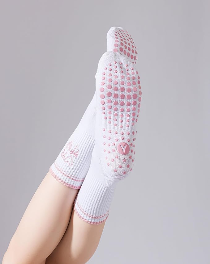 Yawlsow Pilates Grip Socks for Women Yoga Grippy Socks Cute Barre Non Skid Athletic Crew Sticky Sock Workout Hospital